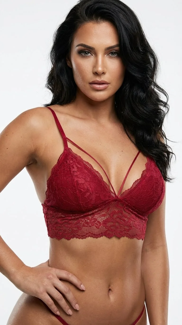 LunaIntim Bordo Strappy Dantel Bralet Göğüs Dekolteli Şeritli Büstiyer - Göğüs Dekolteli Detay